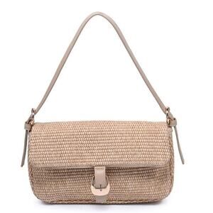 Gloria Woven Straw Baguette Shoulder Bag | Natural with Buckle Flap